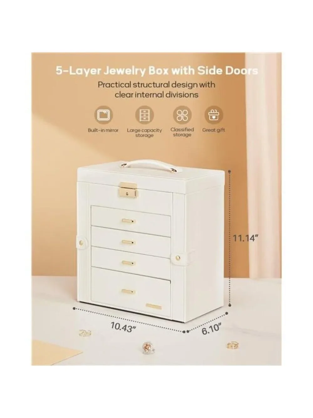 White Lockable Jewelry Box Watch Organizer Necklace Ring Storage with Mirror